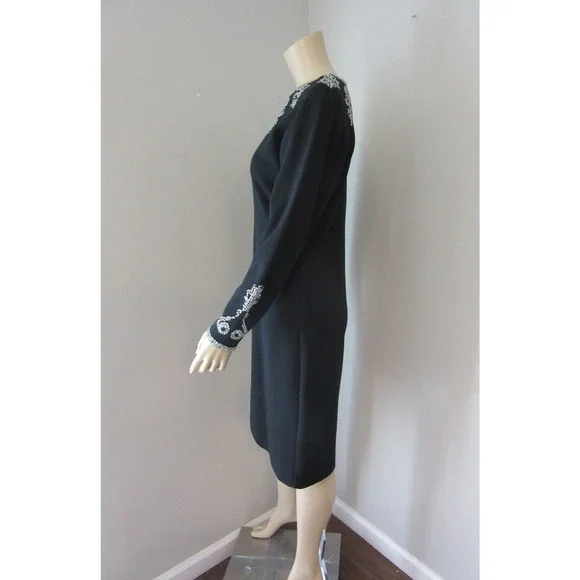 LIZ CLAIBORNE Black Beaded Vintage 10 Wool Blend Long Sleeve Knee Length Dress - Picture 4 of 7